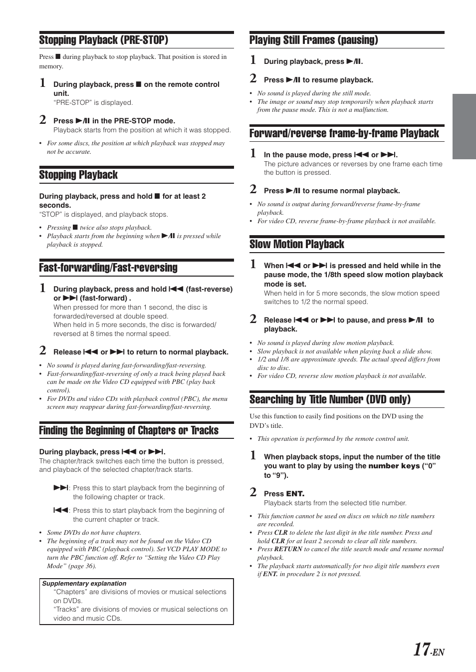 Stopping playback (pre-stop), Stopping playback, Fast-forwarding/fast-reversing | Finding the beginning of chapters or tracks, Playing still frames (pausing), Forward/reverse frame-by-frame playback, Slow motion playback, Searching by title number (dvd only) | Alpine DVA-9965E User Manual | Page 19 / 70