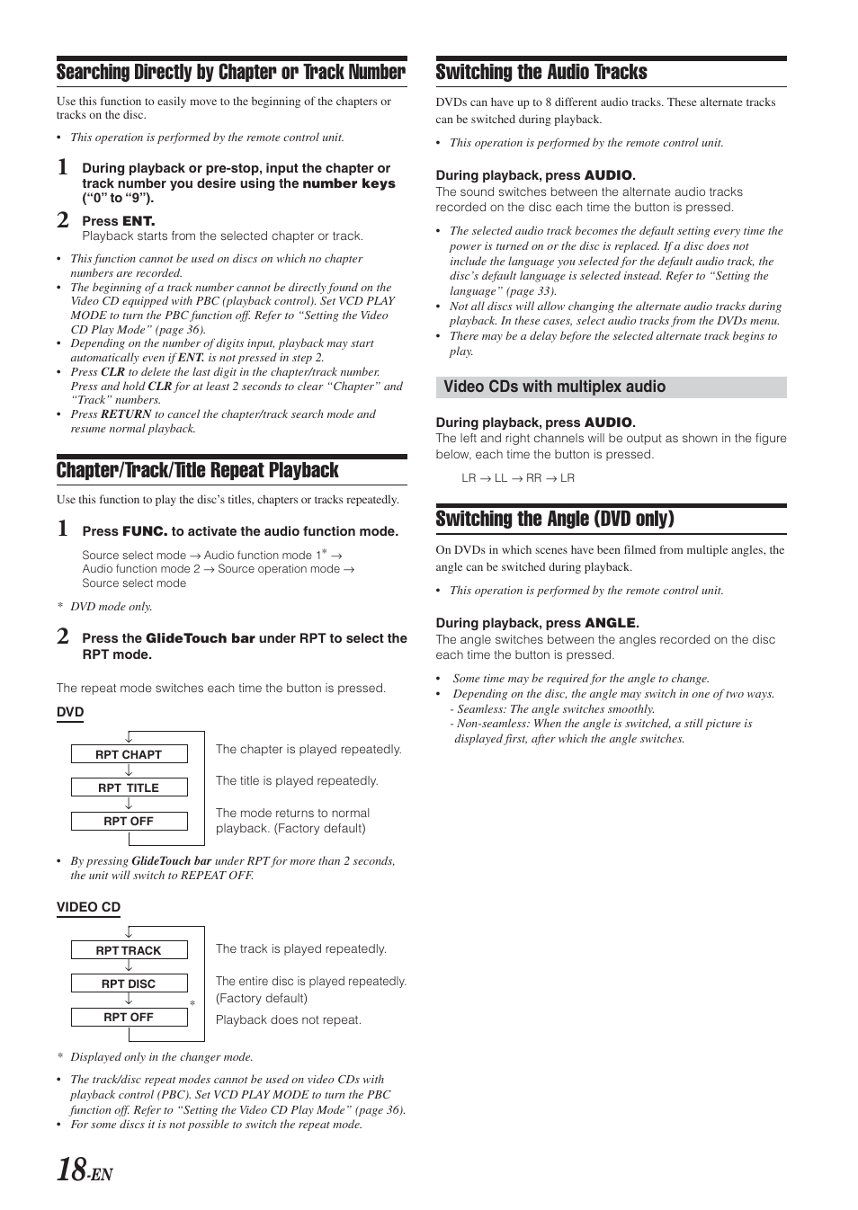 Searching directly by chapter or track number, Chapter/track/title repeat playback, Switching the audio tracks | Switching the angle (dvd only) | Alpine DVA-9965E User Manual | Page 20 / 70