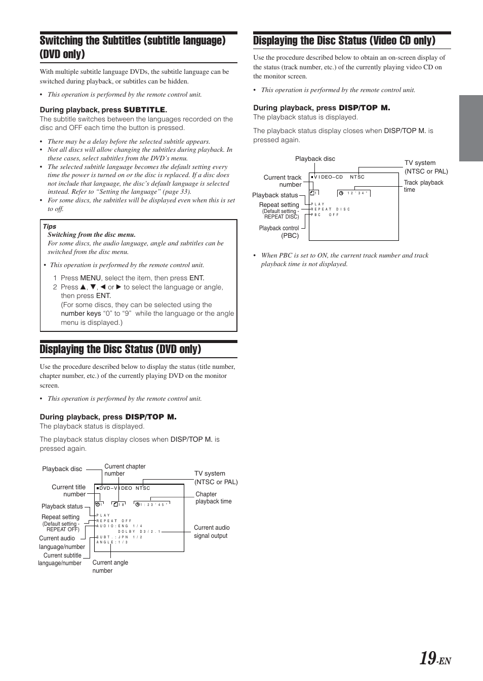 Displaying the disc status (dvd only), Displaying the disc status (video cd only) | Alpine DVA-9965E User Manual | Page 21 / 70