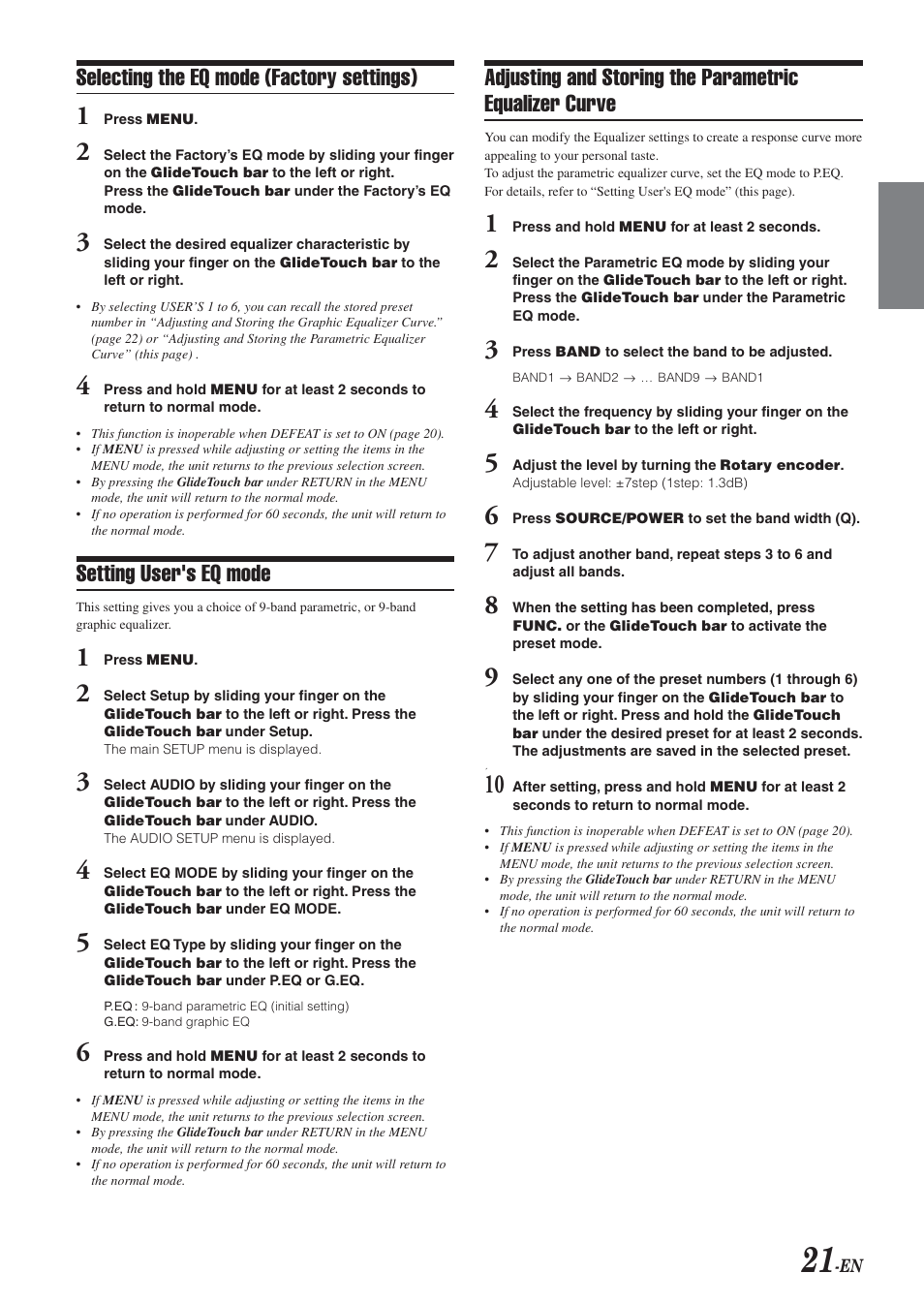 Selecting the eq mode (factory settings), Setting user's eq mode | Alpine DVA-9965E User Manual | Page 23 / 70