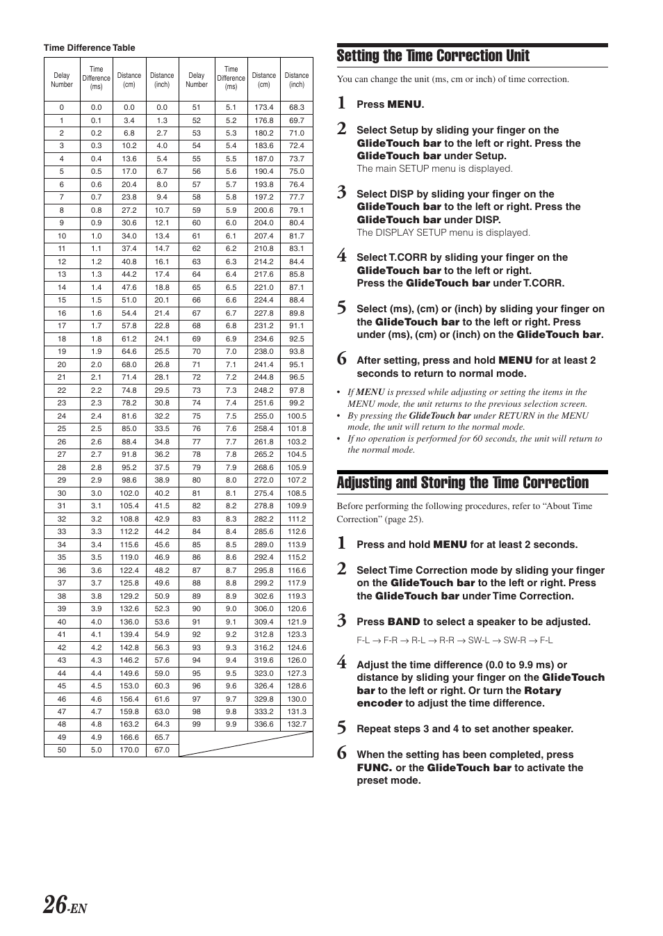 Setting the time correction unit, Adjusting and storing the time correction | Alpine DVA-9965E User Manual | Page 28 / 70