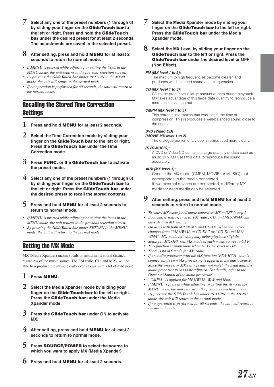 Recalling the stored time correction settings, Setting the mx mode | Alpine DVA-9965E User Manual | Page 29 / 70