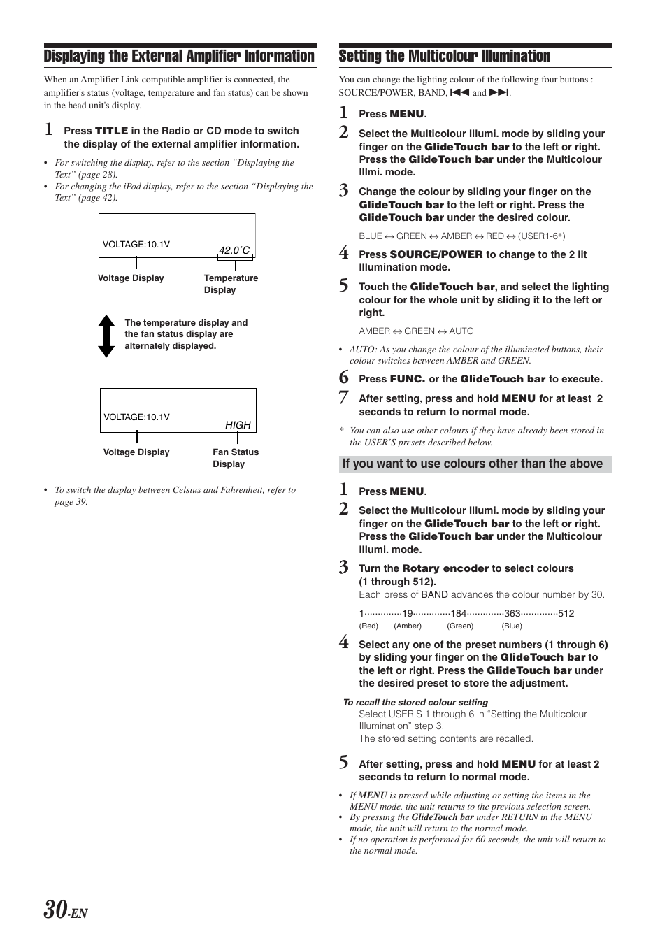Displaying the external amplifier information, Setting the multicolour illumination | Alpine DVA-9965E User Manual | Page 32 / 70