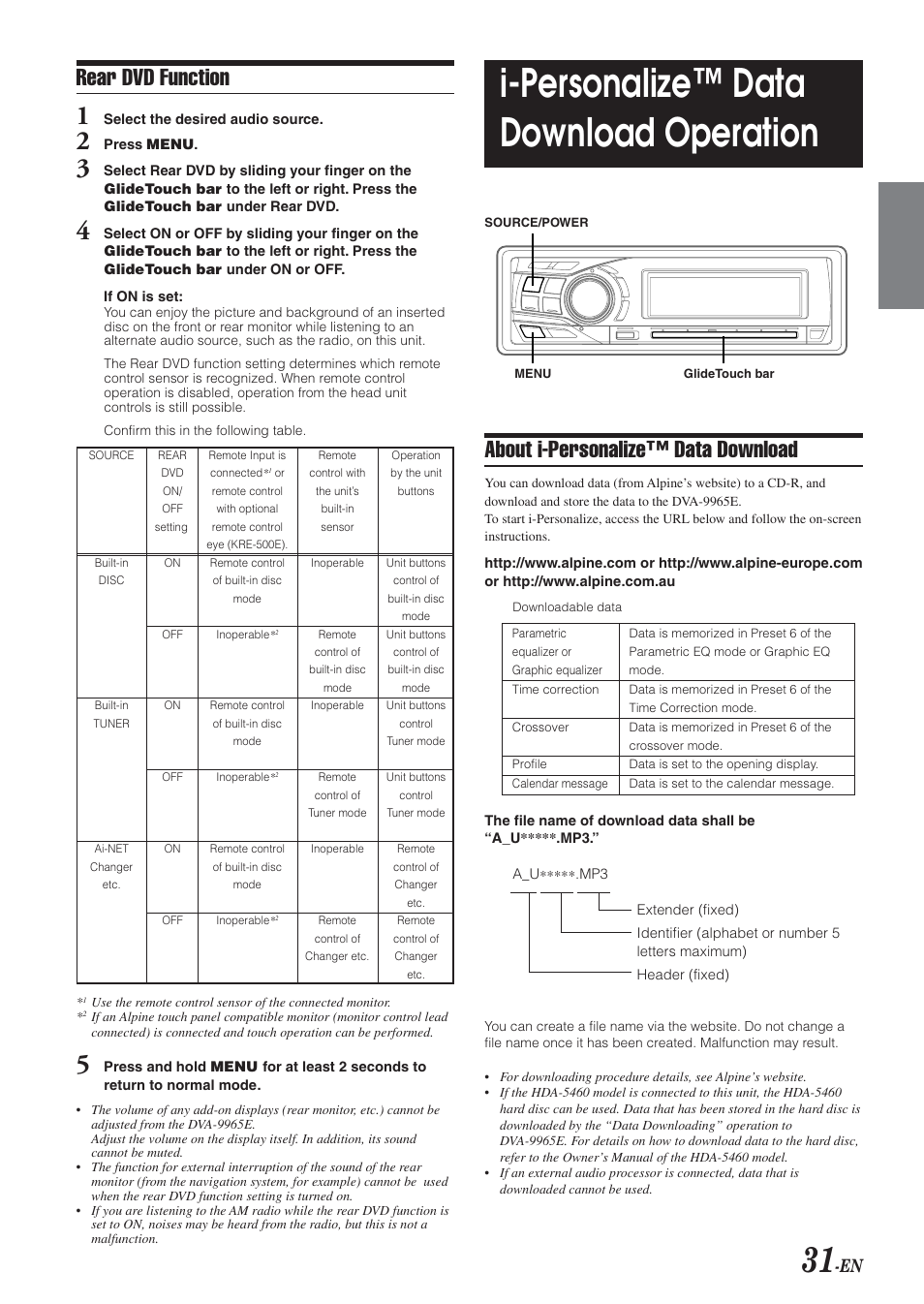 I-personalize™ data download operation, Rear dvd function, About i-personalize™ data download | Alpine DVA-9965E User Manual | Page 33 / 70