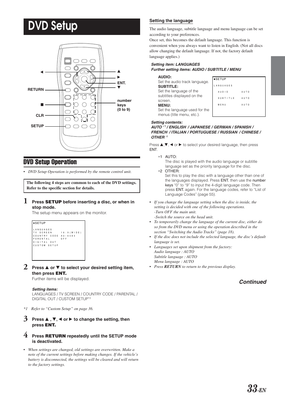 Dvd setup, Dvd setup operation, Continued | Alpine DVA-9965E User Manual | Page 35 / 70