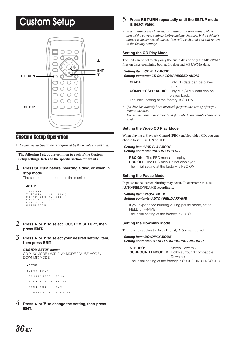 Custom setup, Custom setup operation | Alpine DVA-9965E User Manual | Page 38 / 70