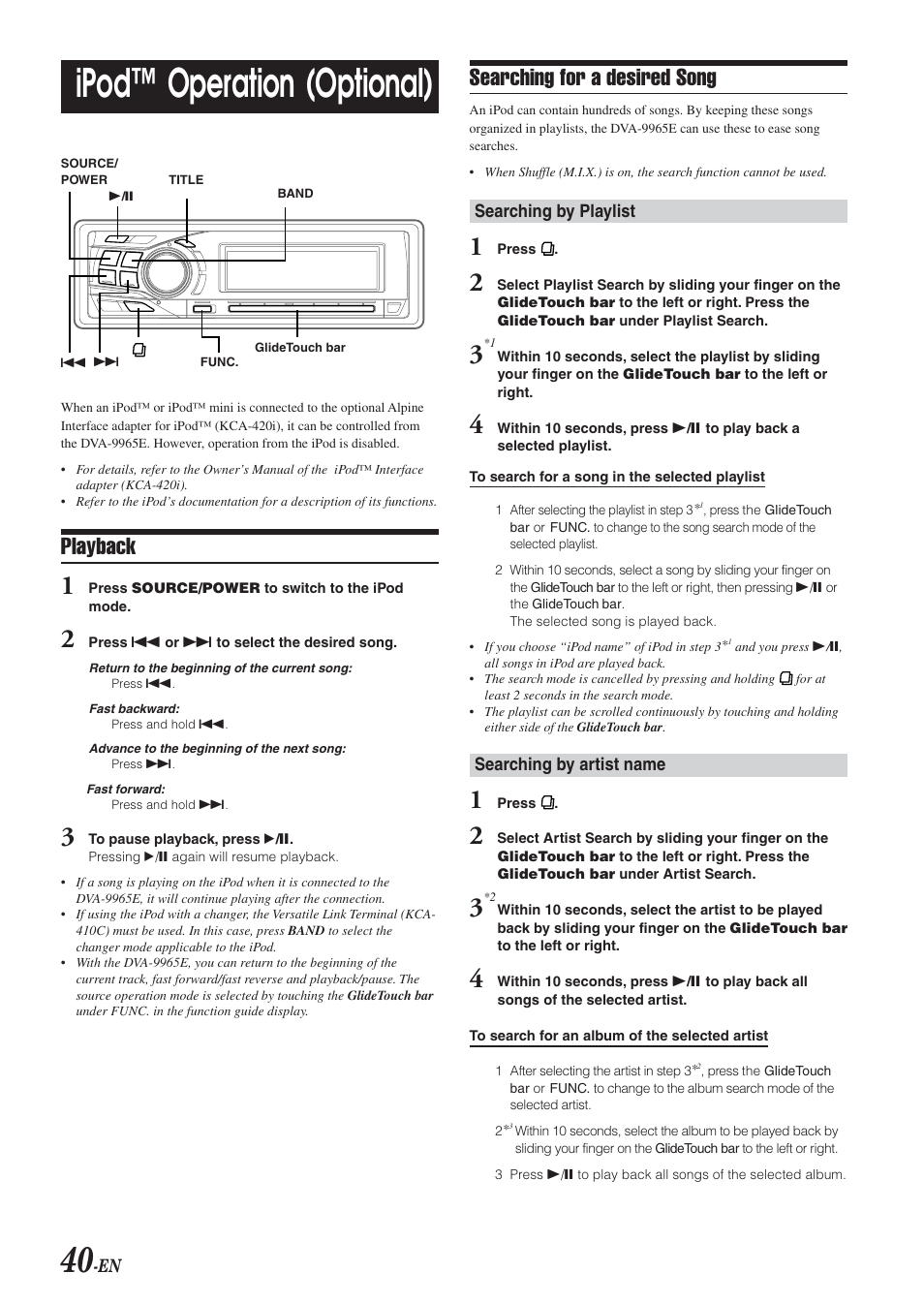 Ipod™ operation (optional), Playback, Searching for a desired song | Alpine DVA-9965E User Manual | Page 42 / 70