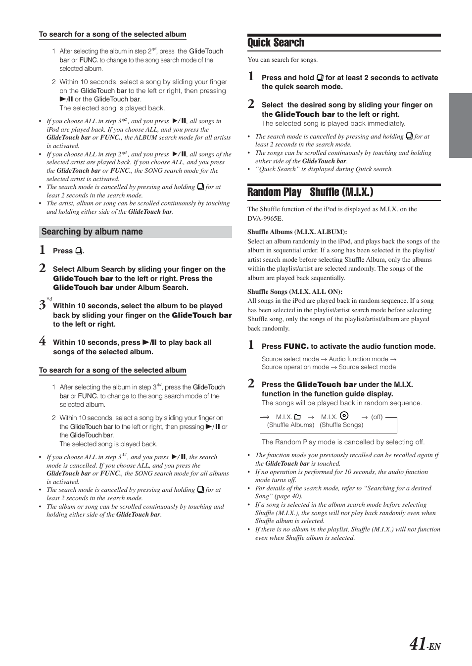 Quick search, Random play shuffle (m.i.x.), Searching by album name | Alpine DVA-9965E User Manual | Page 43 / 70