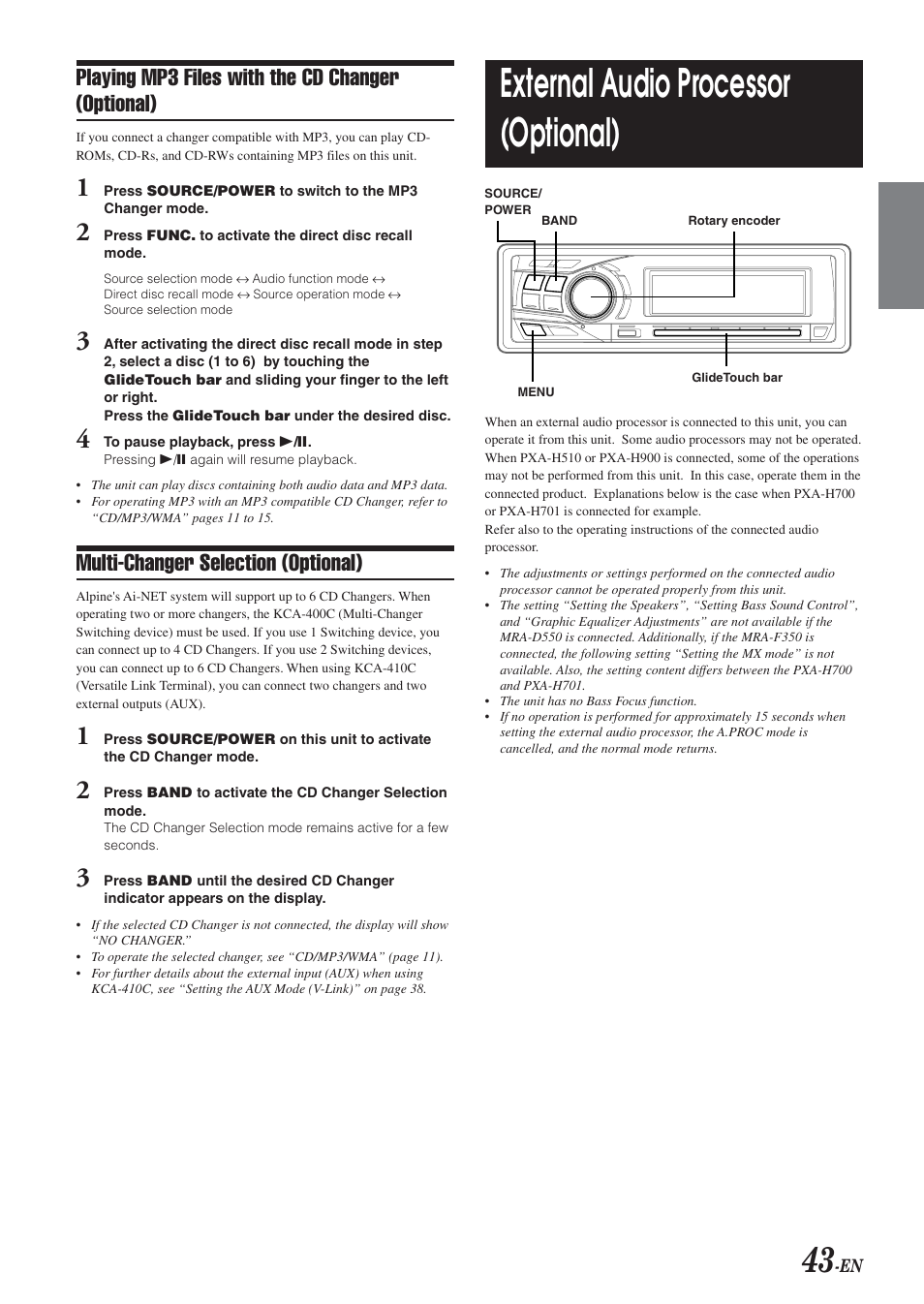 External audio processor (optional), Playing mp3 files with the cd changer (optional), Multi-changer selection (optional) | Alpine DVA-9965E User Manual | Page 45 / 70