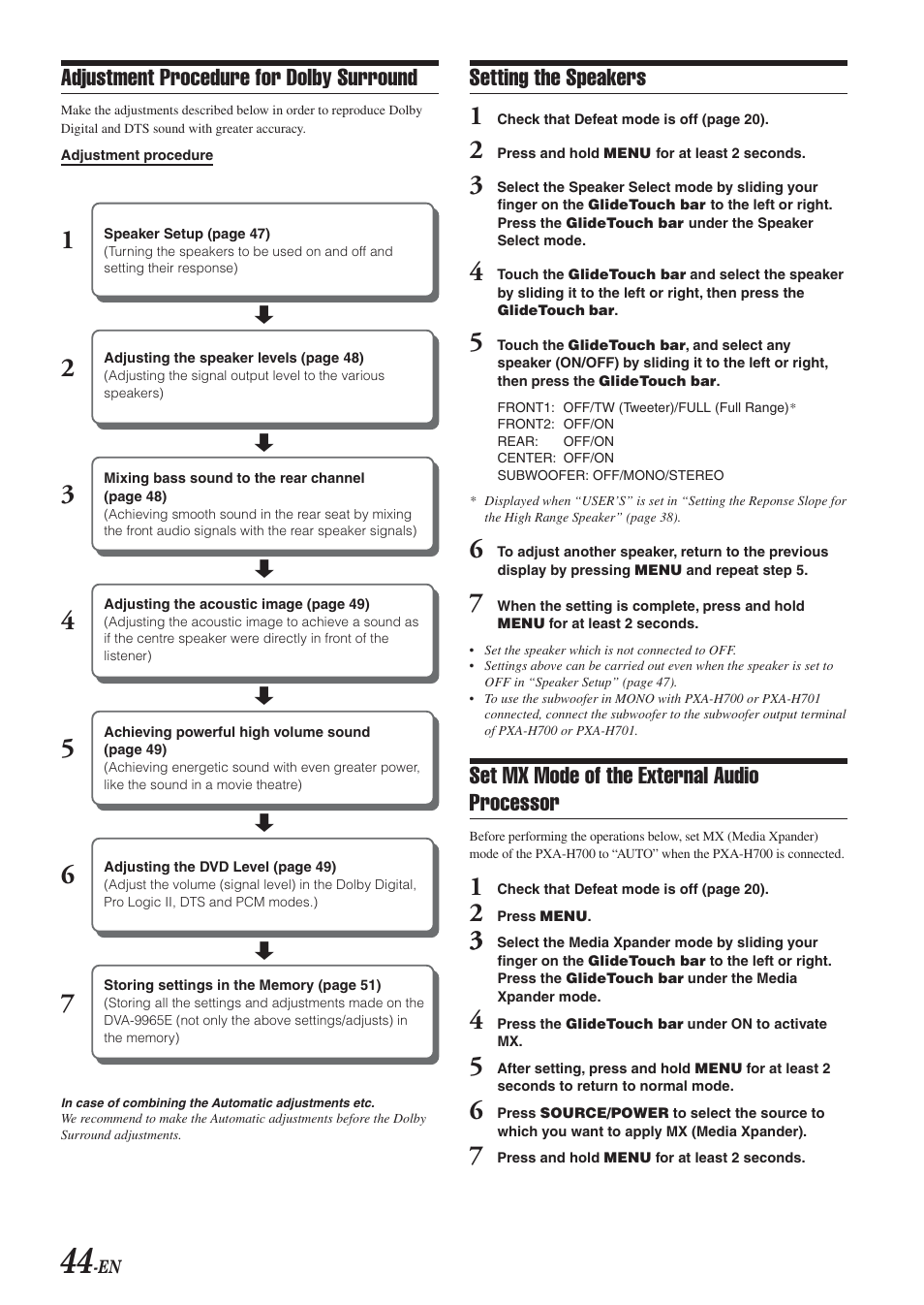 Setting the speakers, Set mx mode of the external audio processor, Adjustment procedure for dolby surround | Alpine DVA-9965E User Manual | Page 46 / 70