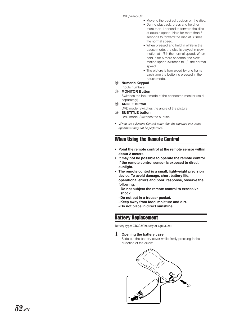 When using the remote control, Battery replacement | Alpine DVA-9965E User Manual | Page 54 / 70