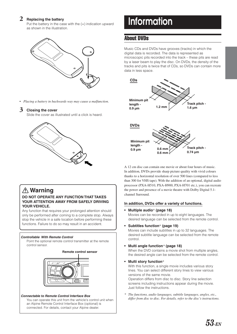 Information, Warning, About dvds | Alpine DVA-9965E User Manual | Page 55 / 70