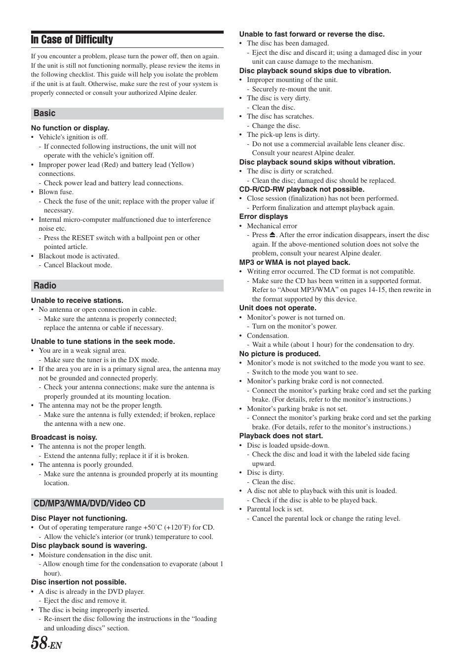Basic, Radio, Cd/mp3/wma/dvd/video cd | Alpine DVA-9965E User Manual | Page 60 / 70