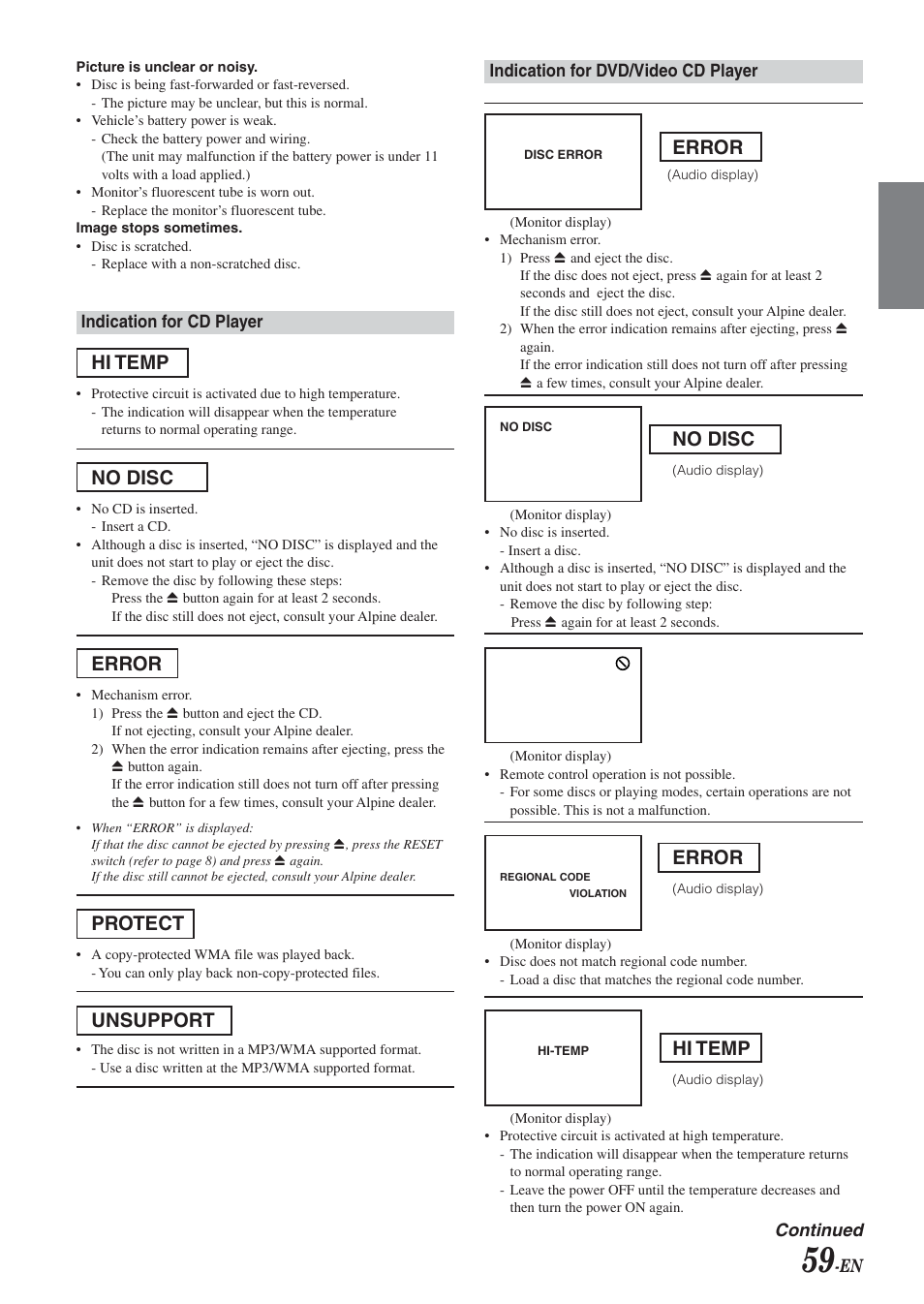 Hi temp, No disc, Error | Protect, Unsupport | Alpine DVA-9965E User Manual | Page 61 / 70