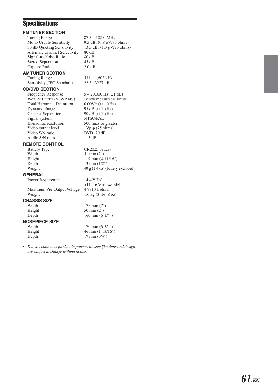Specifications | Alpine DVA-9965E User Manual | Page 63 / 70