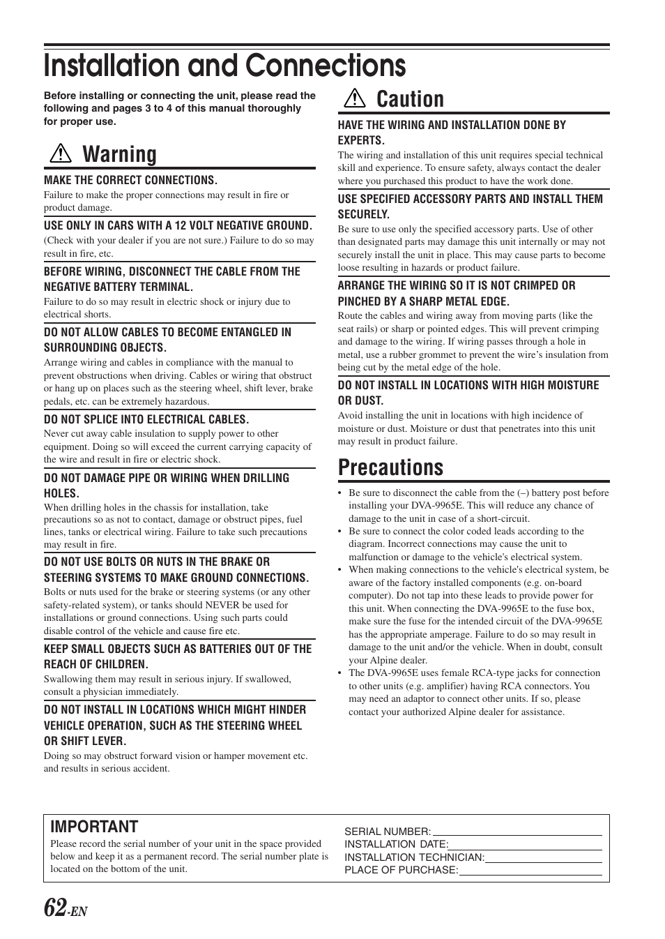 Installation and connections, Warning, Caution | Precautions, Important | Alpine DVA-9965E User Manual | Page 64 / 70