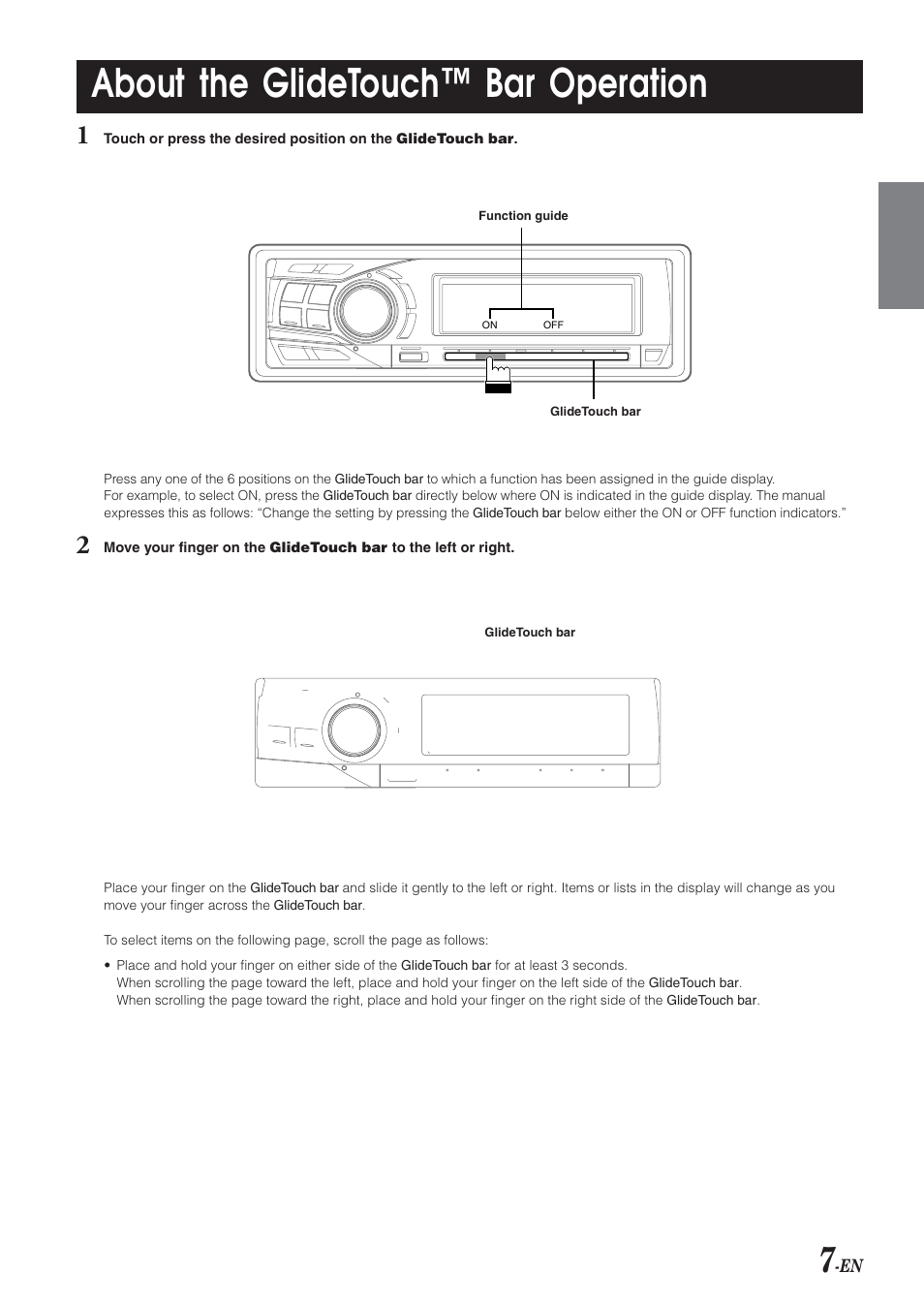 About the glidetouch™ bar operation | Alpine DVA-9965E User Manual | Page 9 / 70