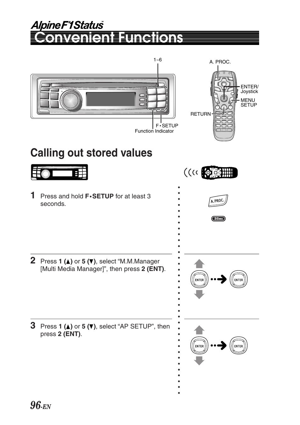 Convenient functions, Calling out stored values | Alpine F1 STATUS PXI-H990 User Manual | Page 100 / 116