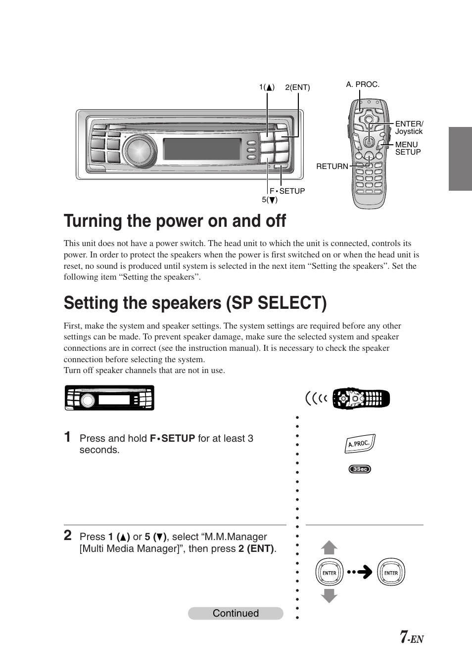 Turning the power on and off, Setting the speakers (sp select) | Alpine F1 STATUS PXI-H990 User Manual | Page 11 / 116