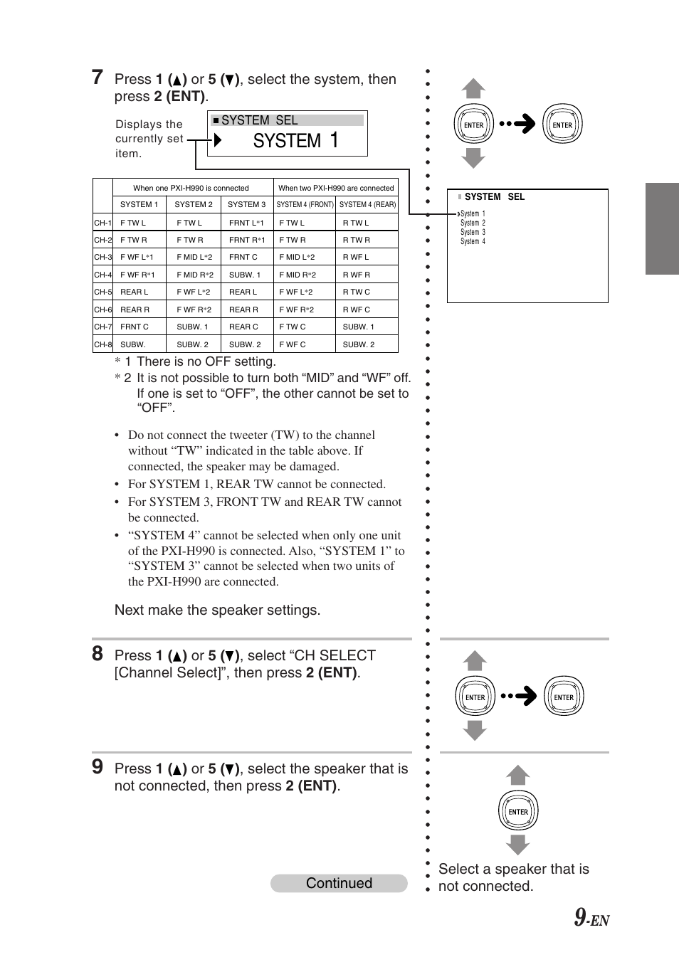 System, Next make the speaker settings, Continued | Select a speaker that is not connected, System sel | Alpine F1 STATUS PXI-H990 User Manual | Page 13 / 116