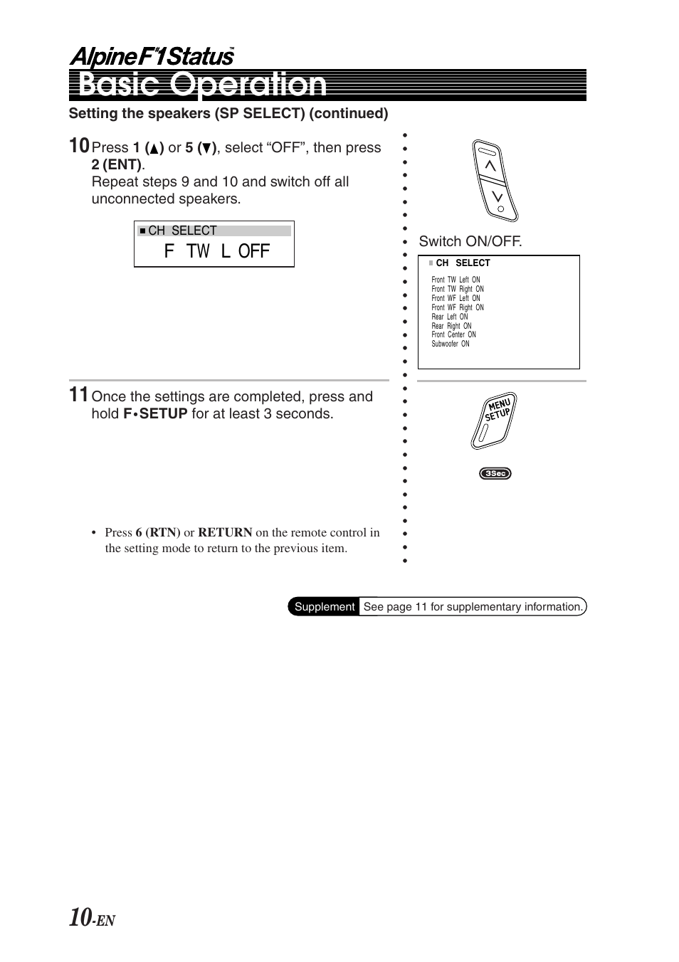 Basic operation, F tw l off | Alpine F1 STATUS PXI-H990 User Manual | Page 14 / 116