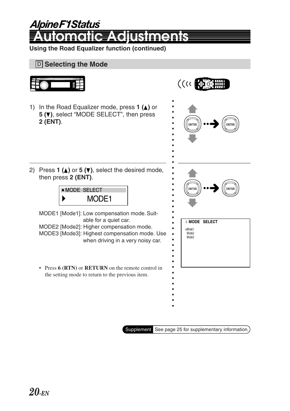 Automatic adjustments, Mode1 | Alpine F1 STATUS PXI-H990 User Manual | Page 24 / 116