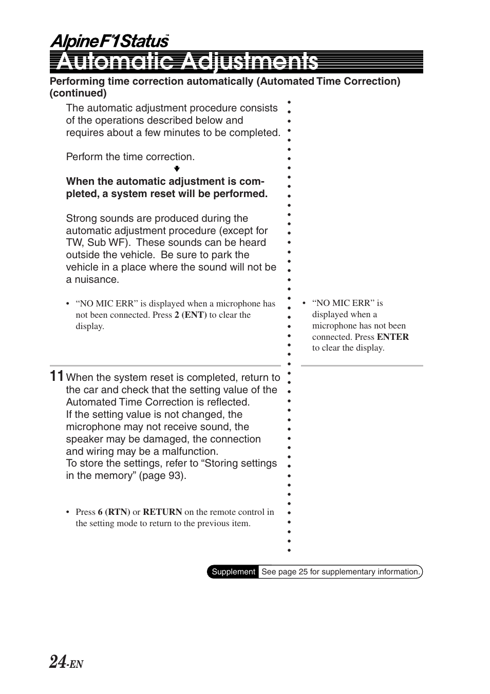 Automatic adjustments | Alpine F1 STATUS PXI-H990 User Manual | Page 28 / 116