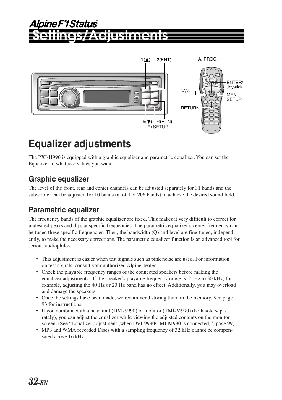 Settings/adjustments, Equalizer adjustments, Graphic equalizer | Parametric equalizer | Alpine F1 STATUS PXI-H990 User Manual | Page 36 / 116