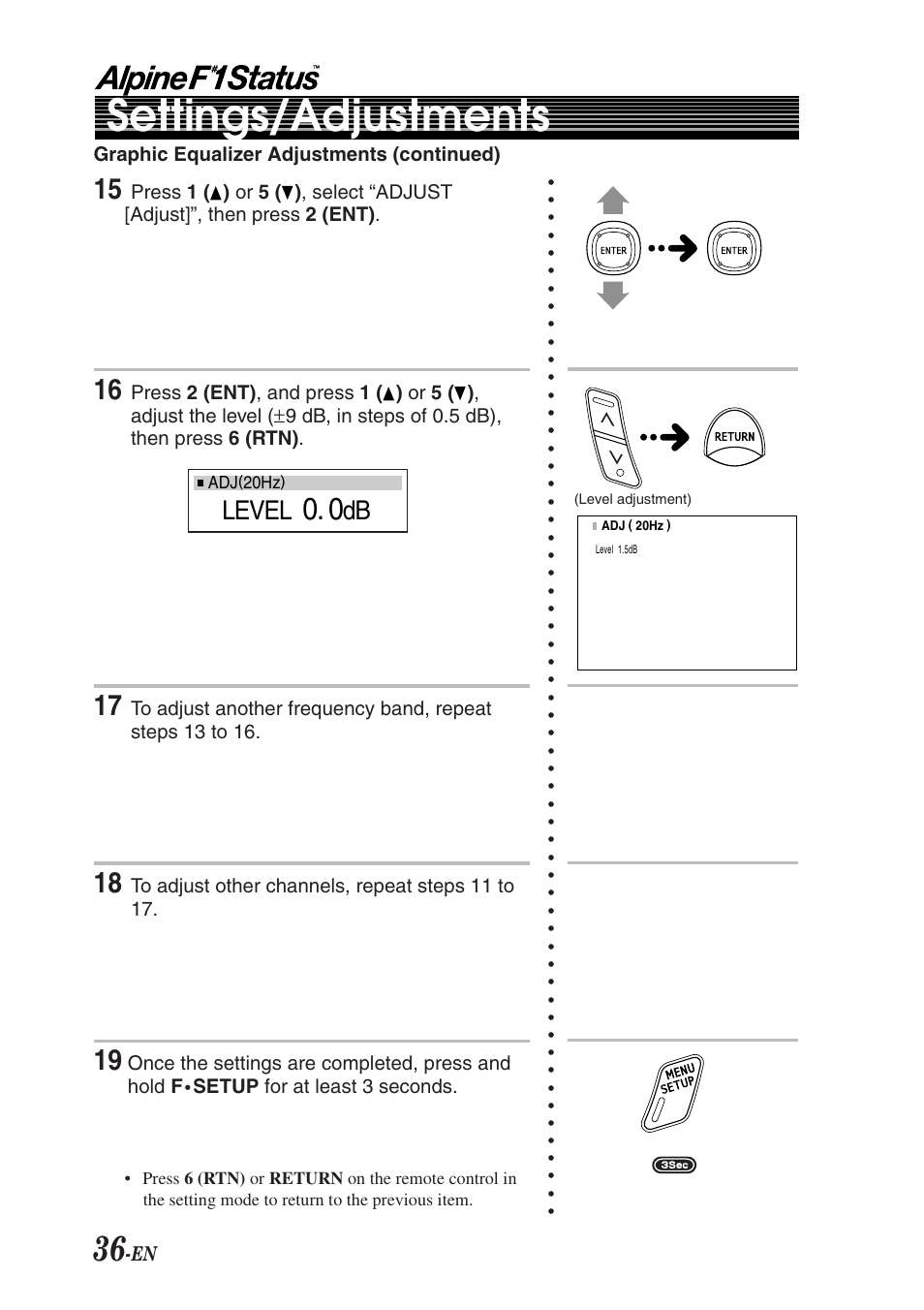 Settings/adjustments, Level | Alpine F1 STATUS PXI-H990 User Manual | Page 40 / 116