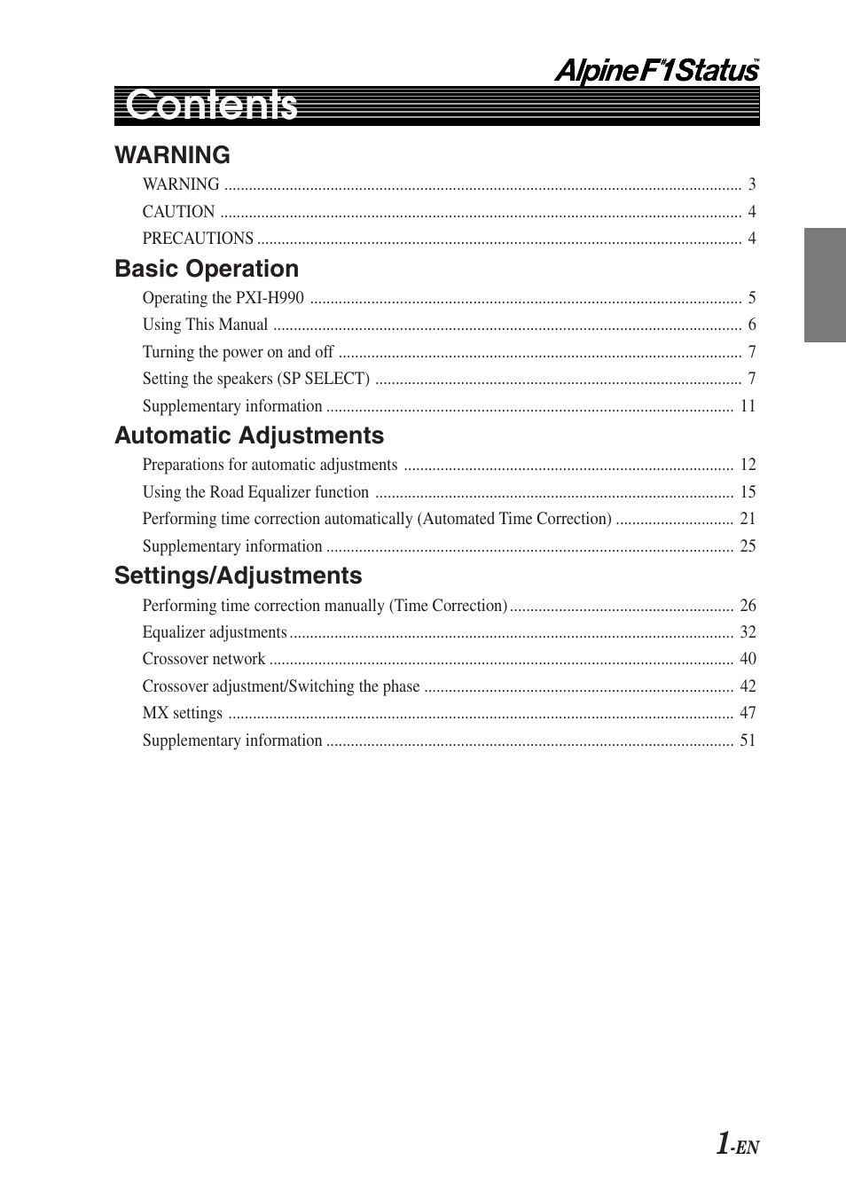 Alpine F1 STATUS PXI-H990 User Manual | Page 5 / 116