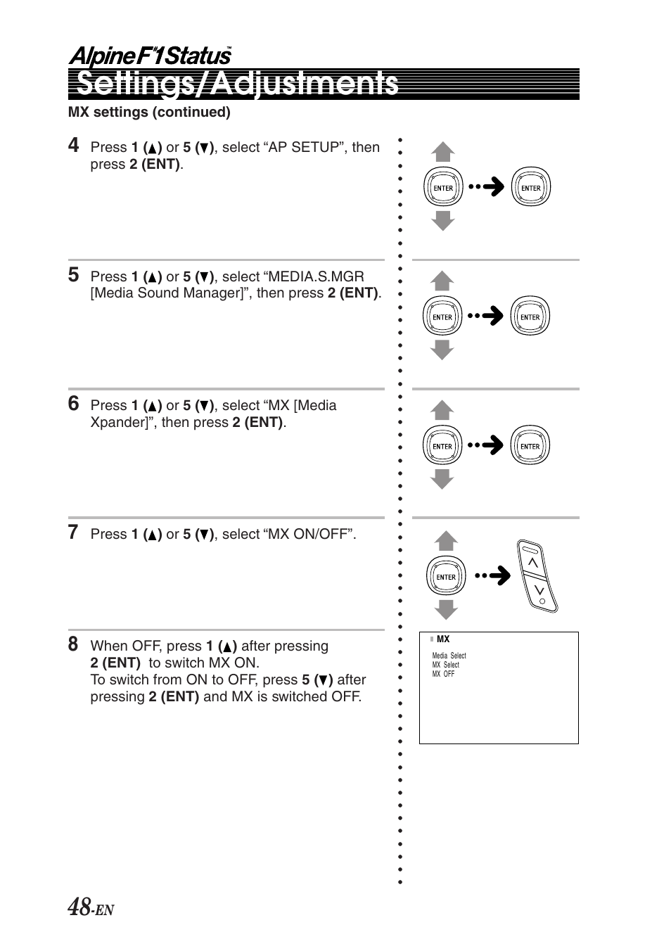 Settings/adjustments | Alpine F1 STATUS PXI-H990 User Manual | Page 52 / 116