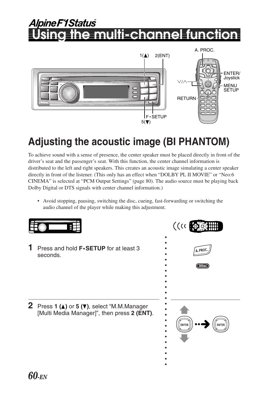 Using the multi-channel function, Adjusting the acoustic image (bi phantom) | Alpine F1 STATUS PXI-H990 User Manual | Page 64 / 116