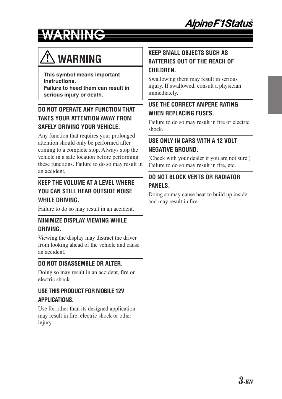 Warning | Alpine F1 STATUS PXI-H990 User Manual | Page 7 / 116
