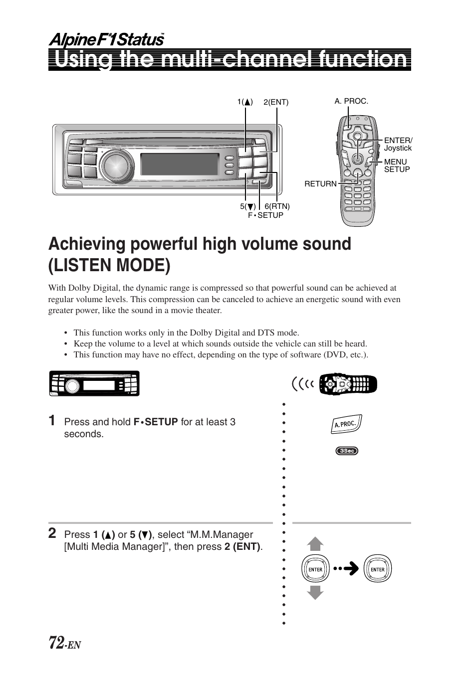 Using the multi-channel function, Achieving powerful high volume sound (listen mode) | Alpine F1 STATUS PXI-H990 User Manual | Page 76 / 116