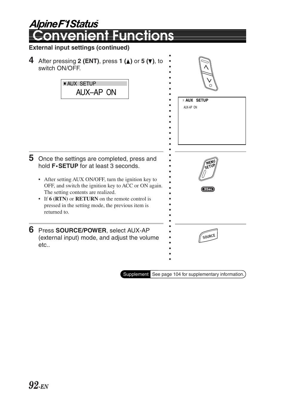 Convenient functions, Aux–ap on | Alpine F1 STATUS PXI-H990 User Manual | Page 96 / 116