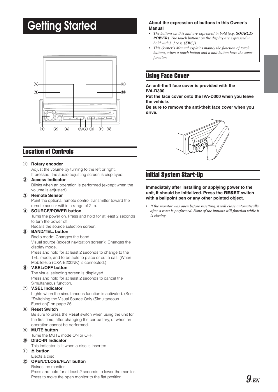 Getting started, Using face cover, Initial system start-up | Location of controls | Alpine IVA-D300 User Manual | Page 11 / 78