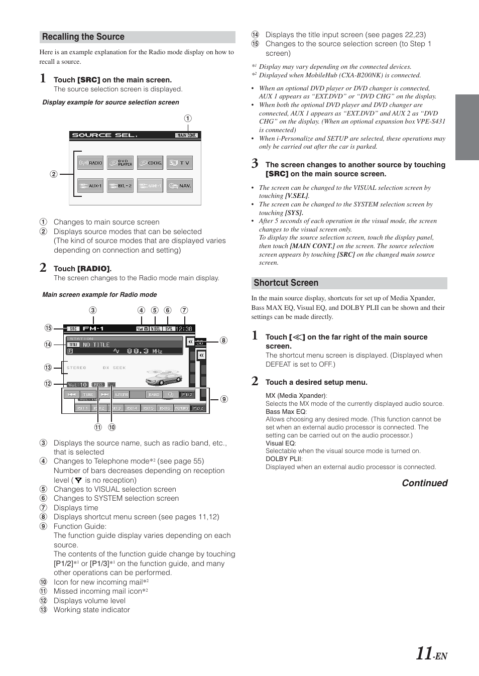 En recalling the source, Shortcut screen, Continued | Alpine IVA-D300 User Manual | Page 13 / 78