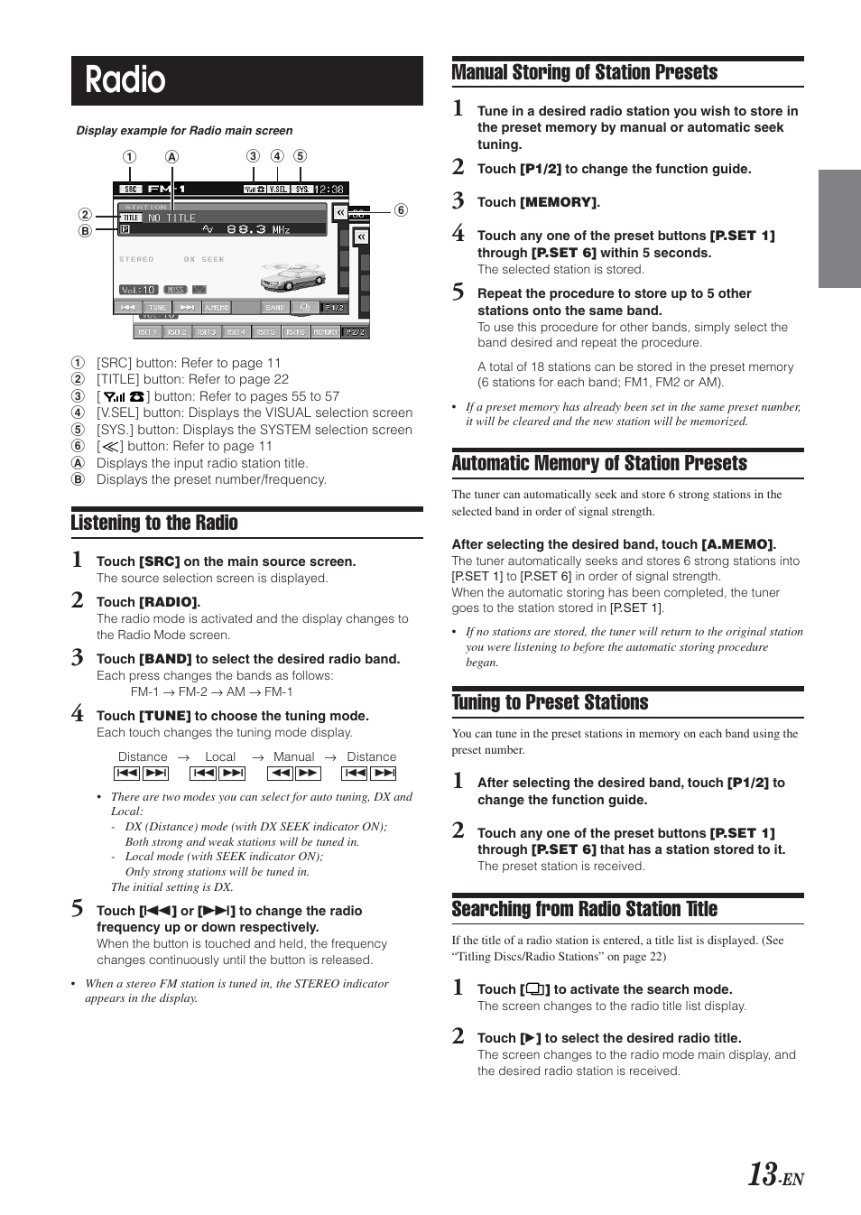 Radio, Listening to the radio, Manual storing of station presets | Tuning to preset stations, Searching from radio station title | Alpine IVA-D300 User Manual | Page 15 / 78