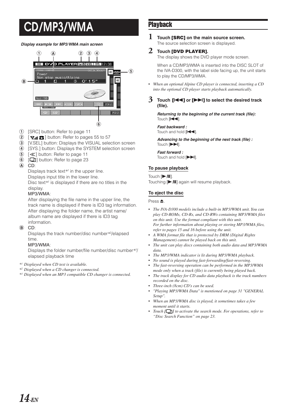 Cd/mp3/wma, Playback | Alpine IVA-D300 User Manual | Page 16 / 78