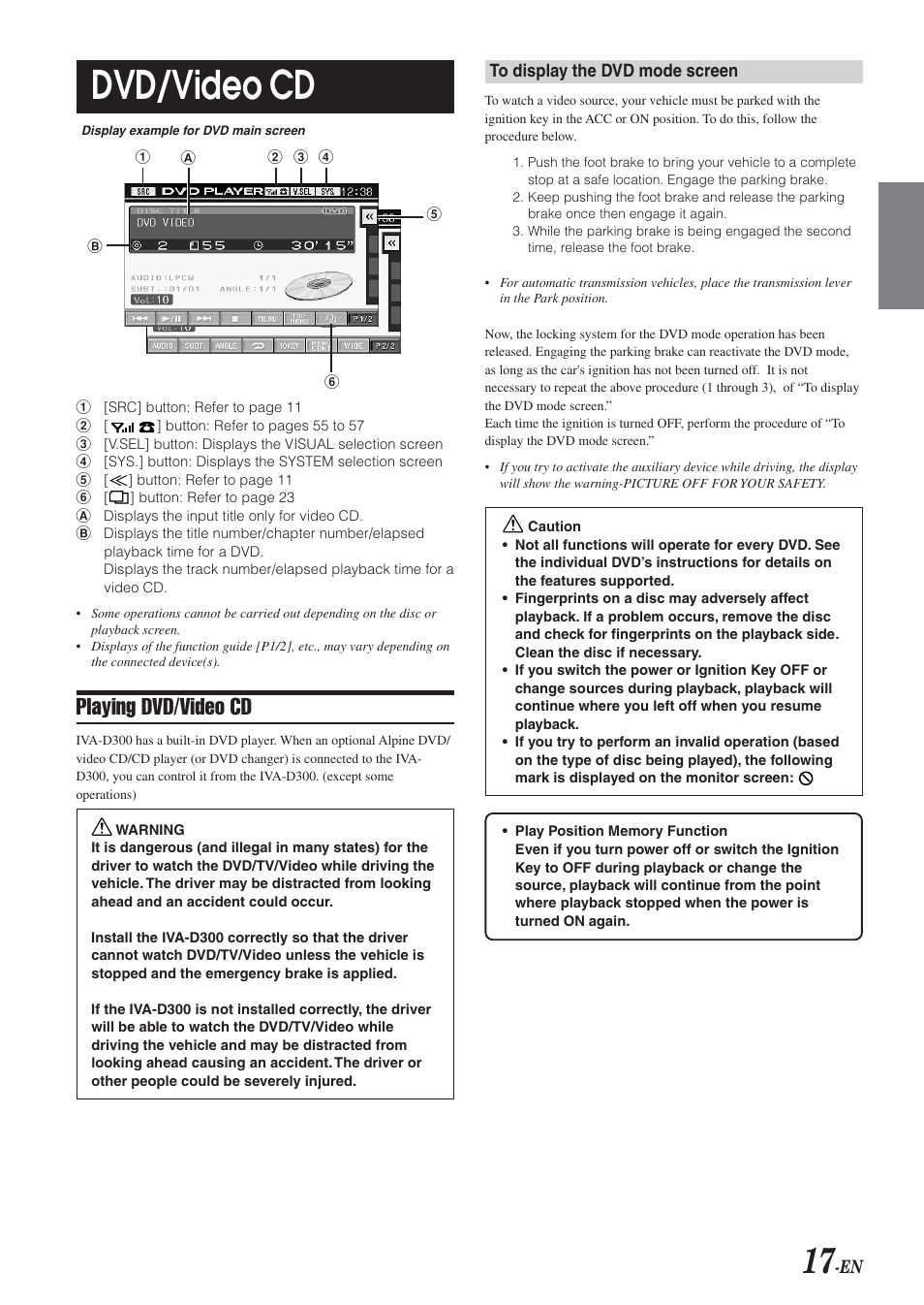 Dvd/video cd, Playing dvd/video cd | Alpine IVA-D300 User Manual | Page 19 / 78