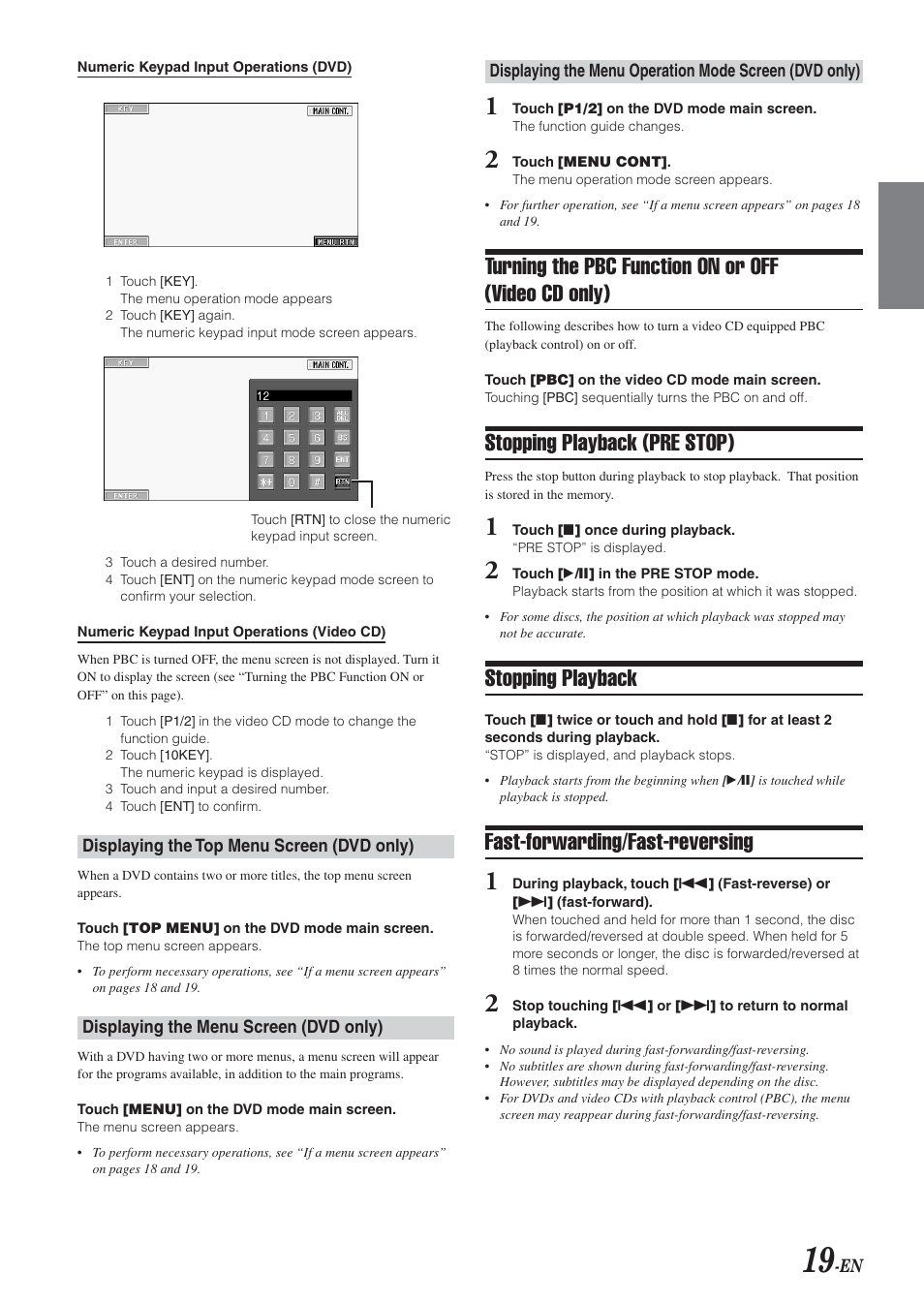 Turning the pbc function on or off (video cd only), Stopping playback (pre stop), Stopping playback | Fast-forwarding/fast-reversing | Alpine IVA-D300 User Manual | Page 21 / 78