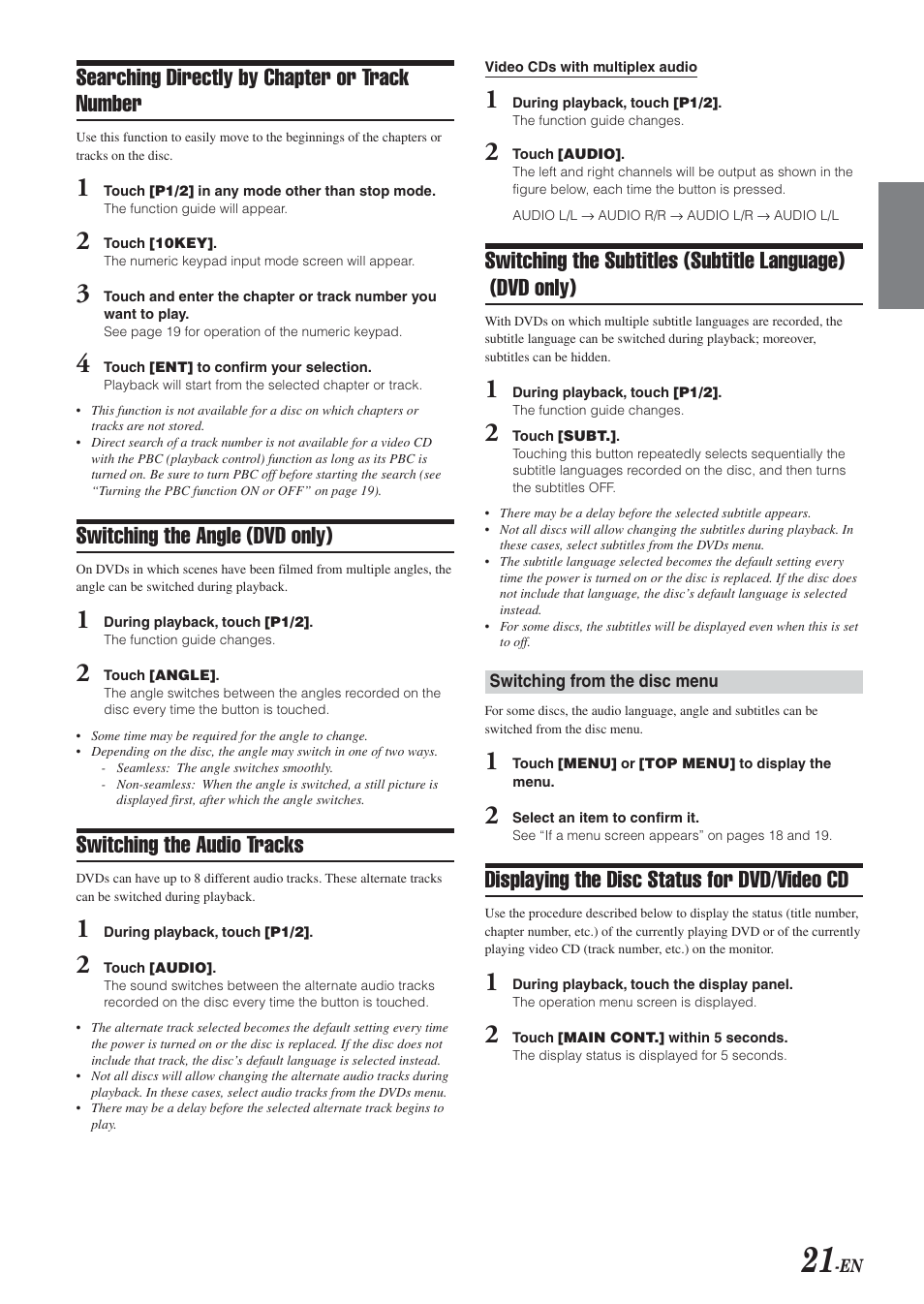 Displaying the disc status for dvd/video cd, Searching directly by chapter or track number, Switching the angle (dvd only) | Switching the audio tracks | Alpine IVA-D300 User Manual | Page 23 / 78