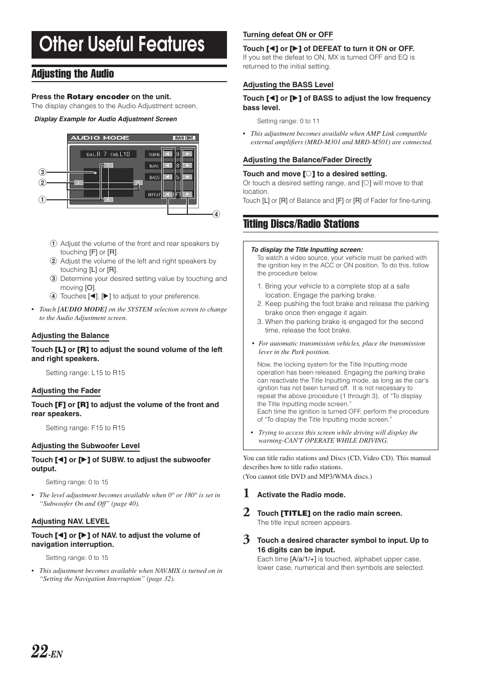 Other useful features, Adjusting the audio, Titling discs/radio stations | Alpine IVA-D300 User Manual | Page 24 / 78