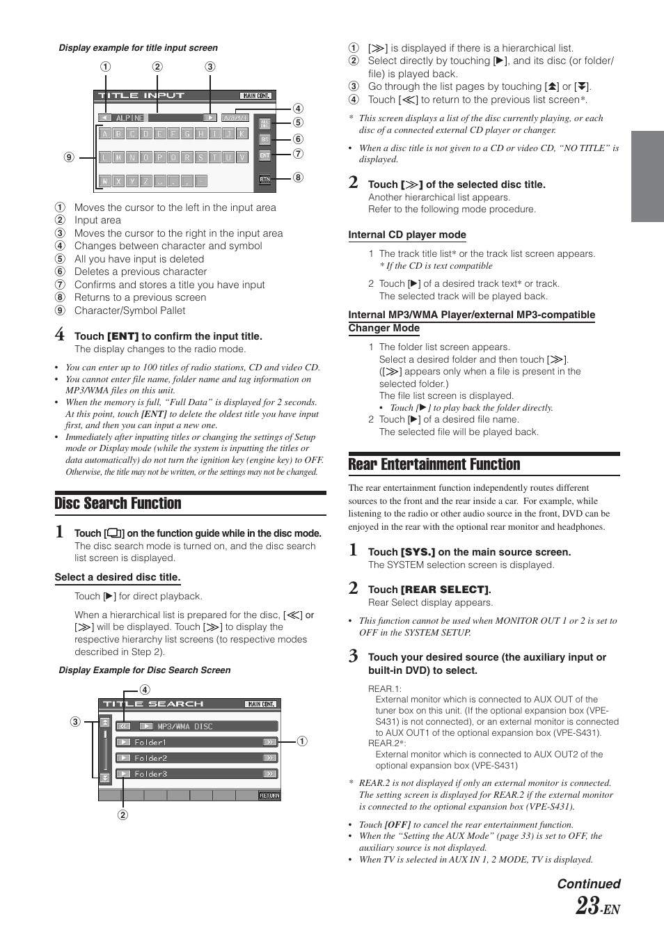 Rear entertainment function, Disc search function | Alpine IVA-D300 User Manual | Page 25 / 78