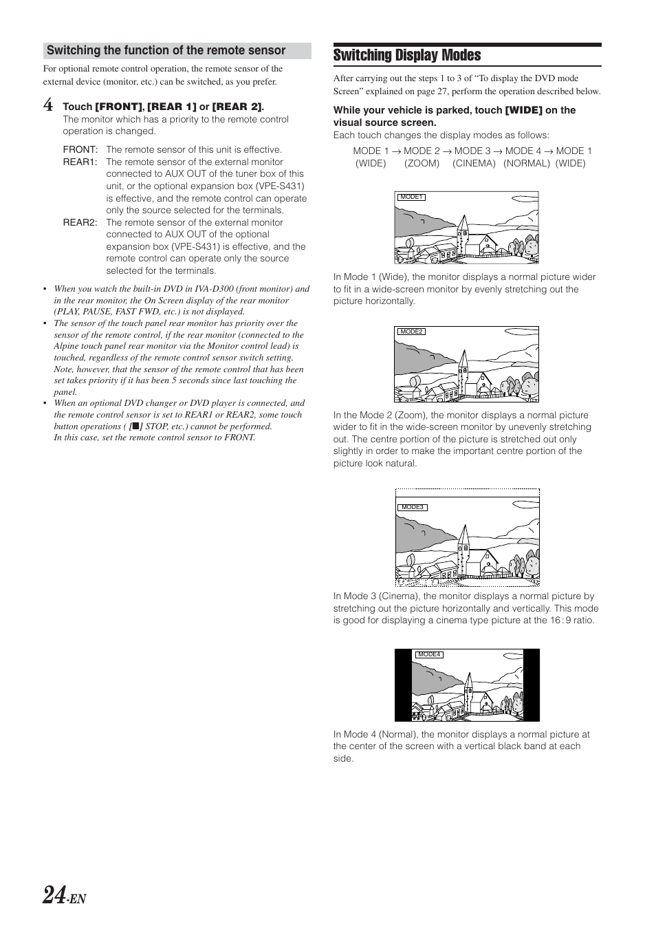 Switching display modes, Switching the function of the remote sensor | Alpine IVA-D300 User Manual | Page 26 / 78