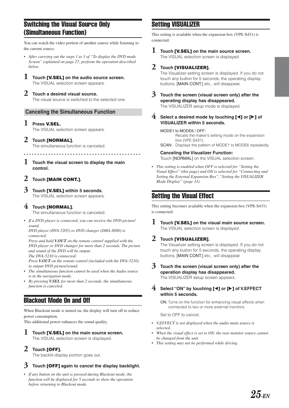 Blackout mode on and off, Setting visualizer, Setting the visual effect | Alpine IVA-D300 User Manual | Page 27 / 78