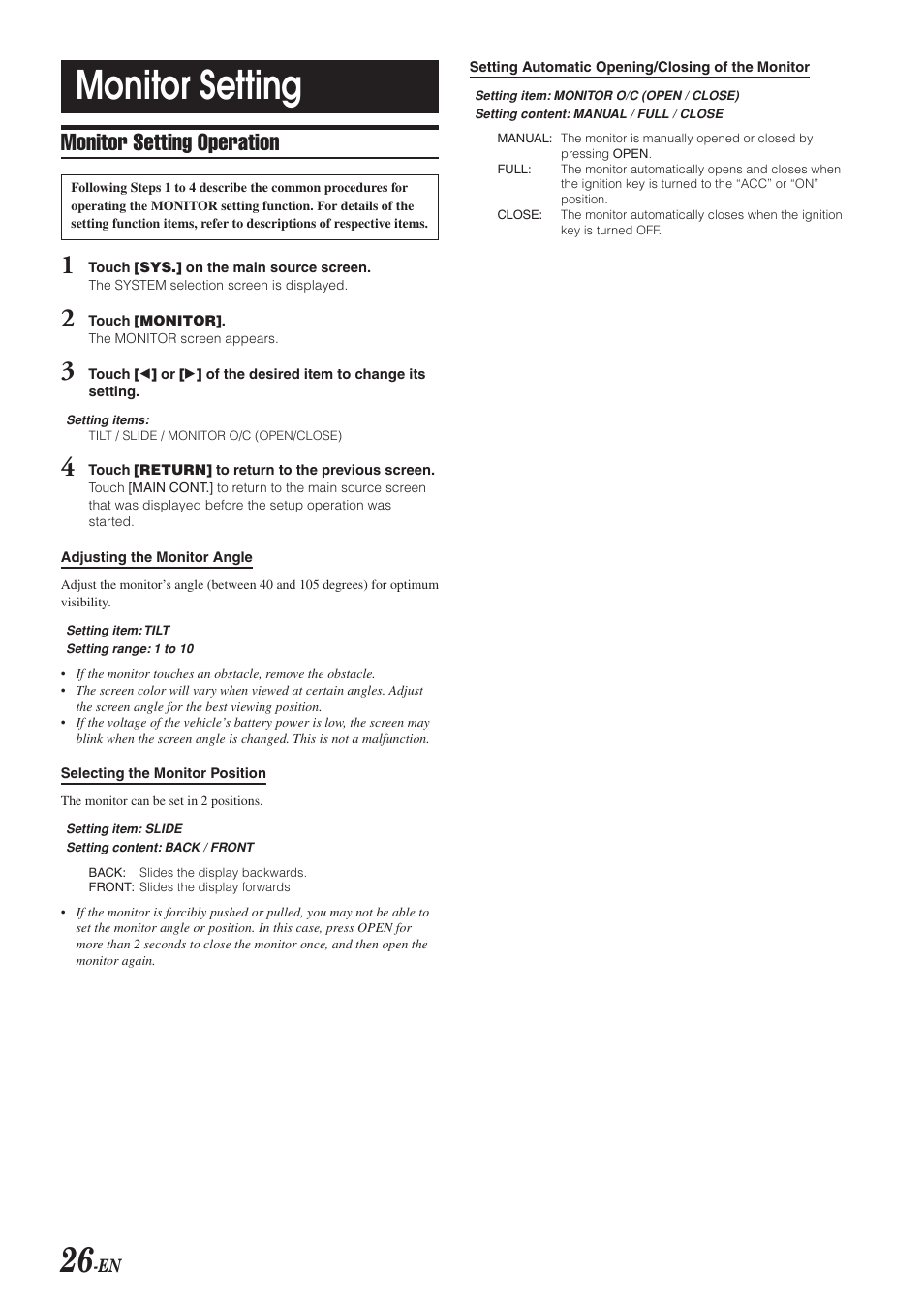 Monitor setting, Monitor setting operation | Alpine IVA-D300 User Manual | Page 28 / 78