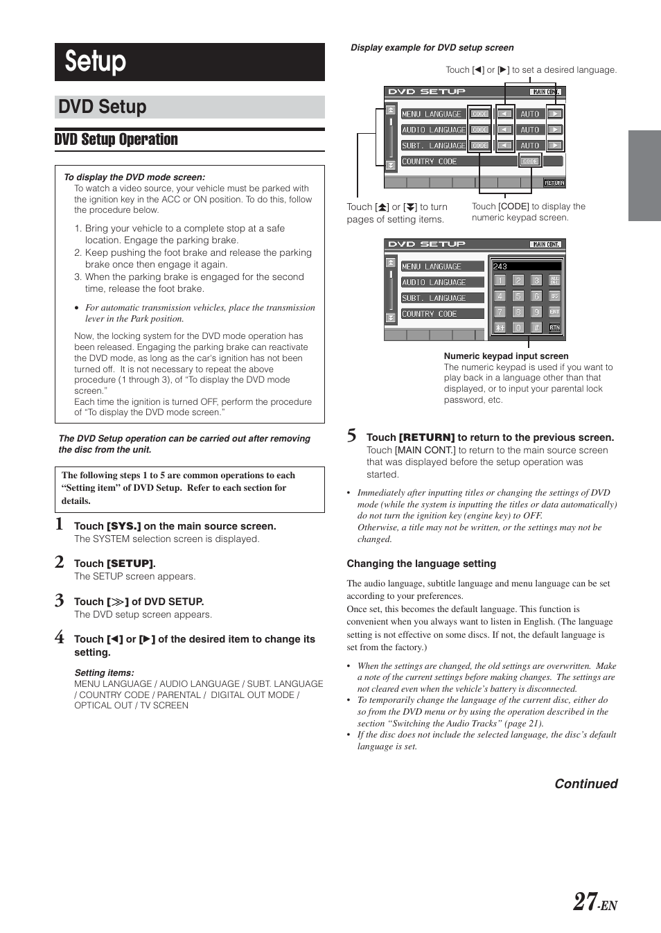 Setup, Dvd setup, Dvd setup operation | Alpine IVA-D300 User Manual | Page 29 / 78