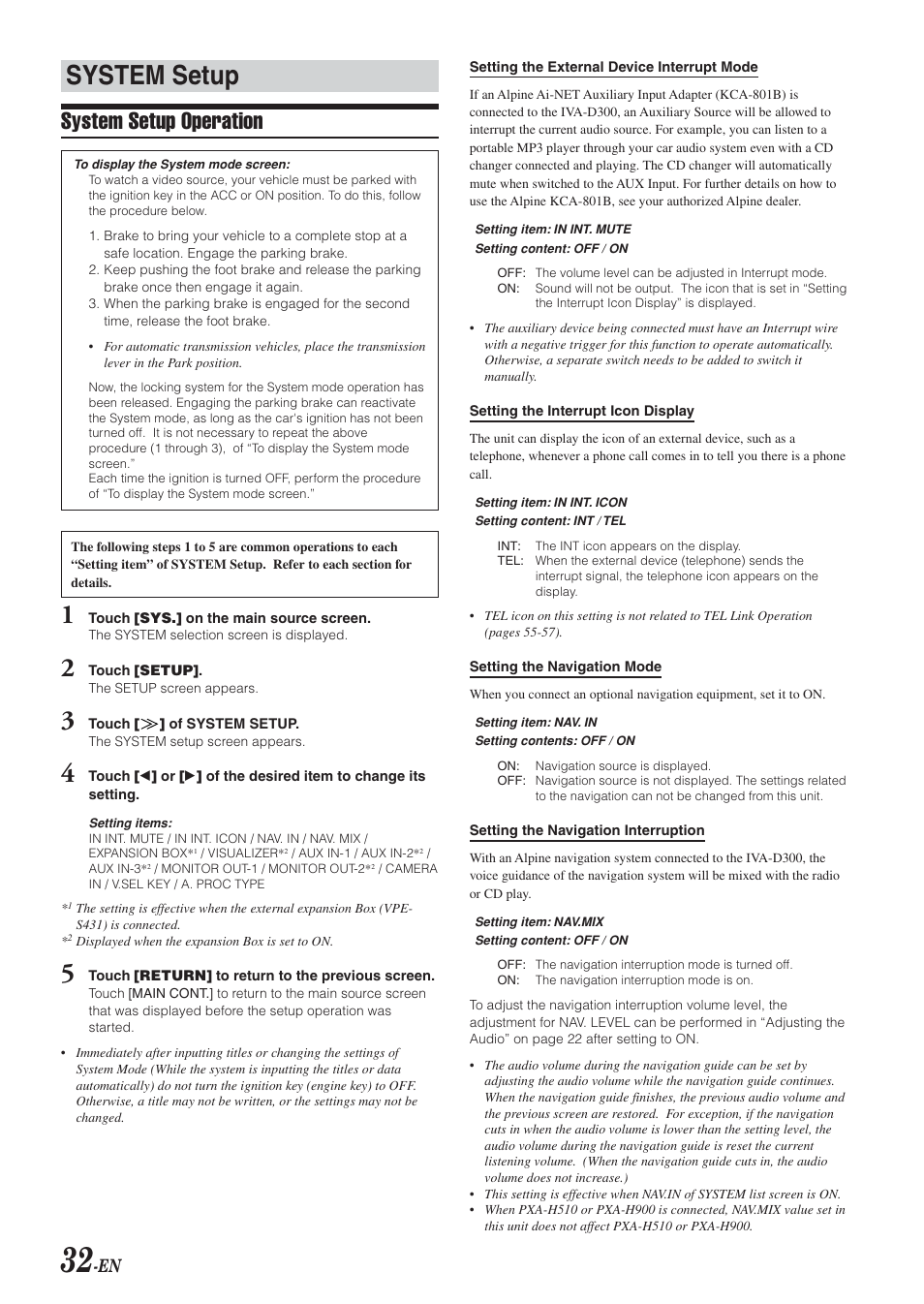 System setup, System setup operation | Alpine IVA-D300 User Manual | Page 34 / 78