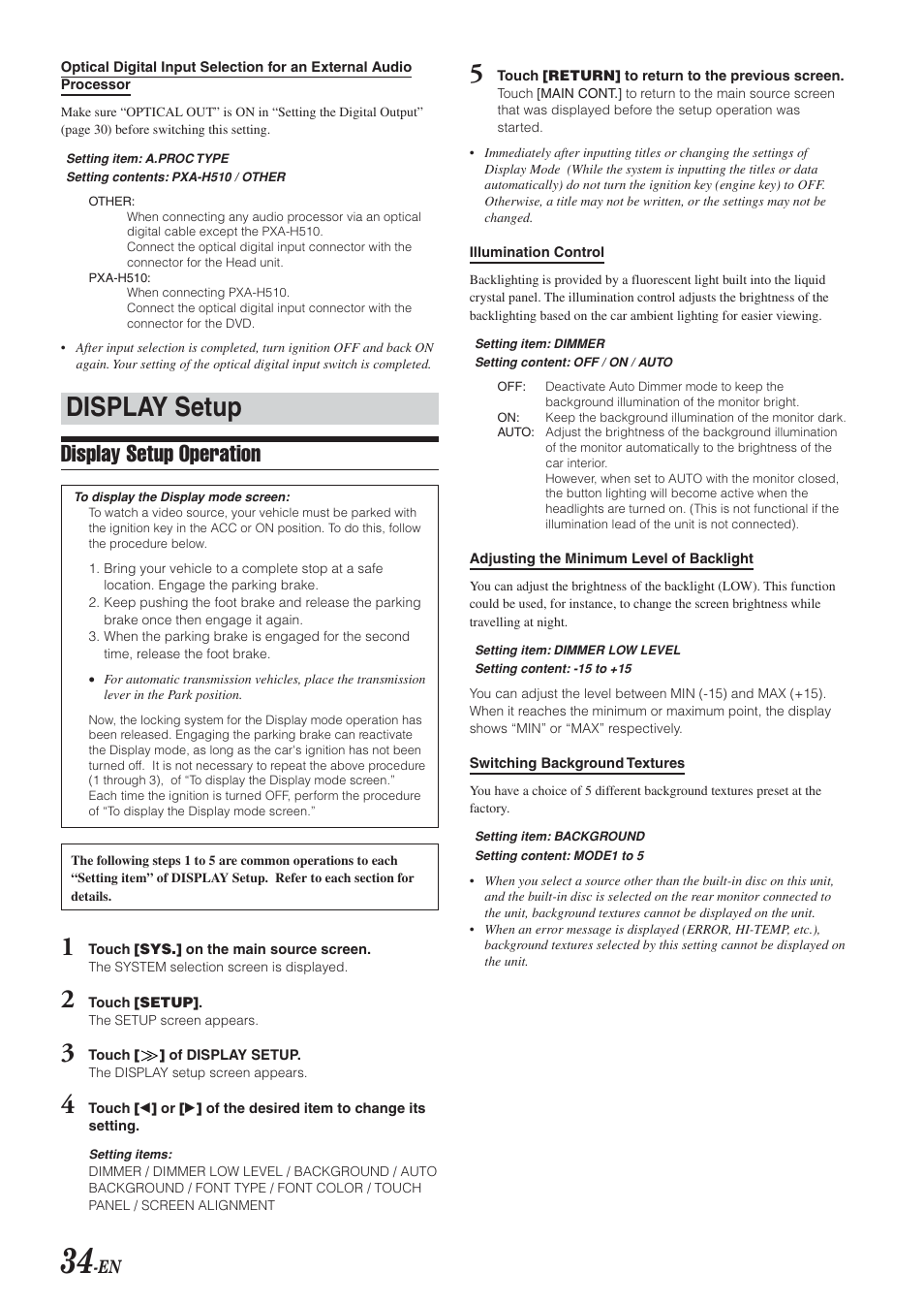 Display setup, Display setup operation | Alpine IVA-D300 User Manual | Page 36 / 78